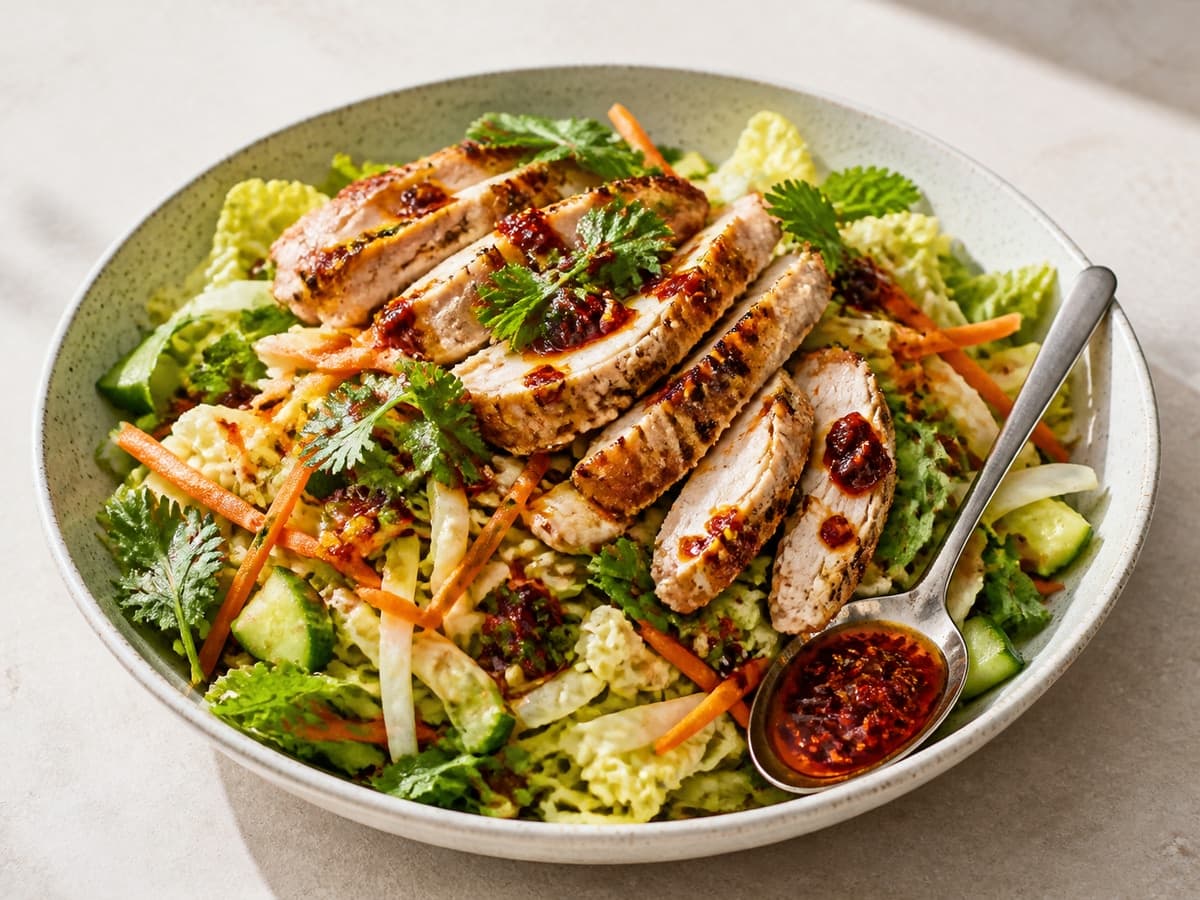 Asian Chicken Salad with Chili-Crisp Dressing featuring Asian chicken salad