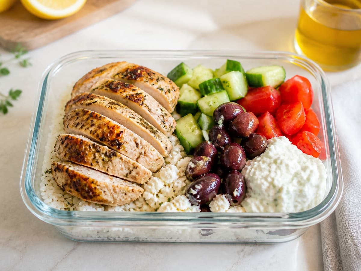Greek Chicken Meal-Prep Rice Bowl featuring Greek chicken meal prep bowl