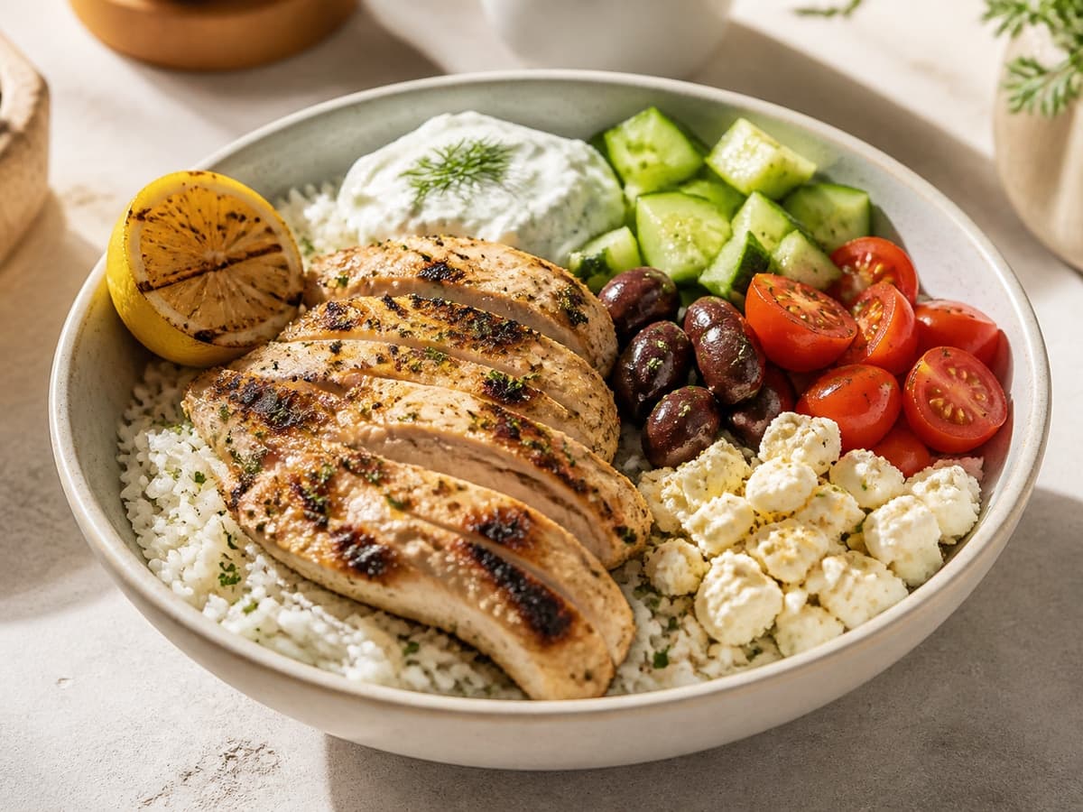 Greek Chicken Rice Bowls featuring Greek chicken bowl