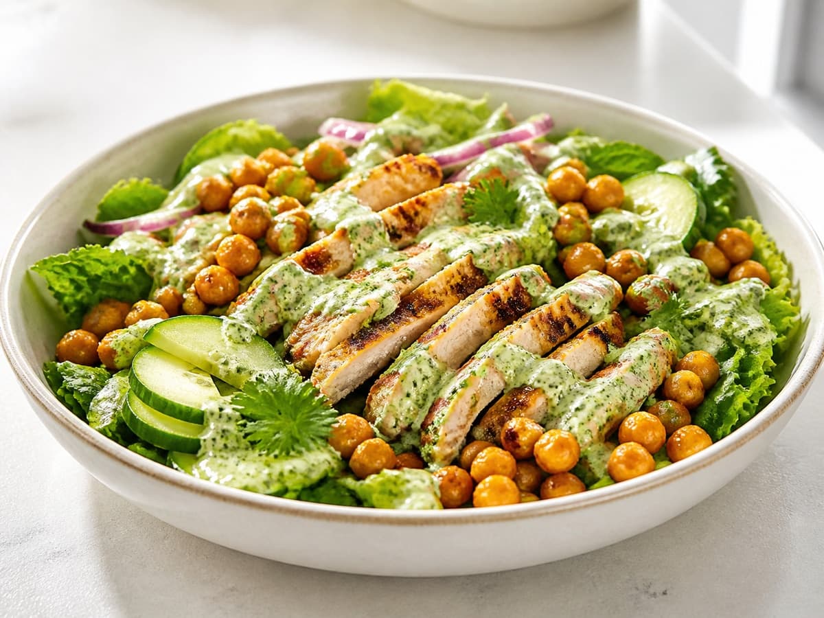 Green-Goddess Chicken and Chickpea Salad featuring Green goddess chicken salad