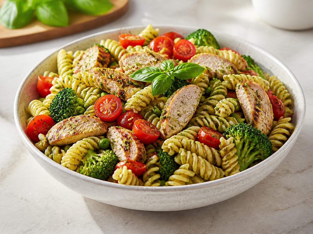Pesto Chicken and Vegetable Pasta Salad featuring Pesto chicken pasta salad