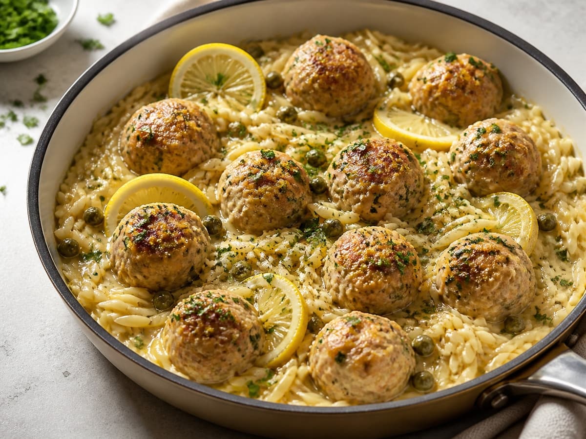Chicken Piccata Meatball Orzo Skillet featuring Chicken meatballs