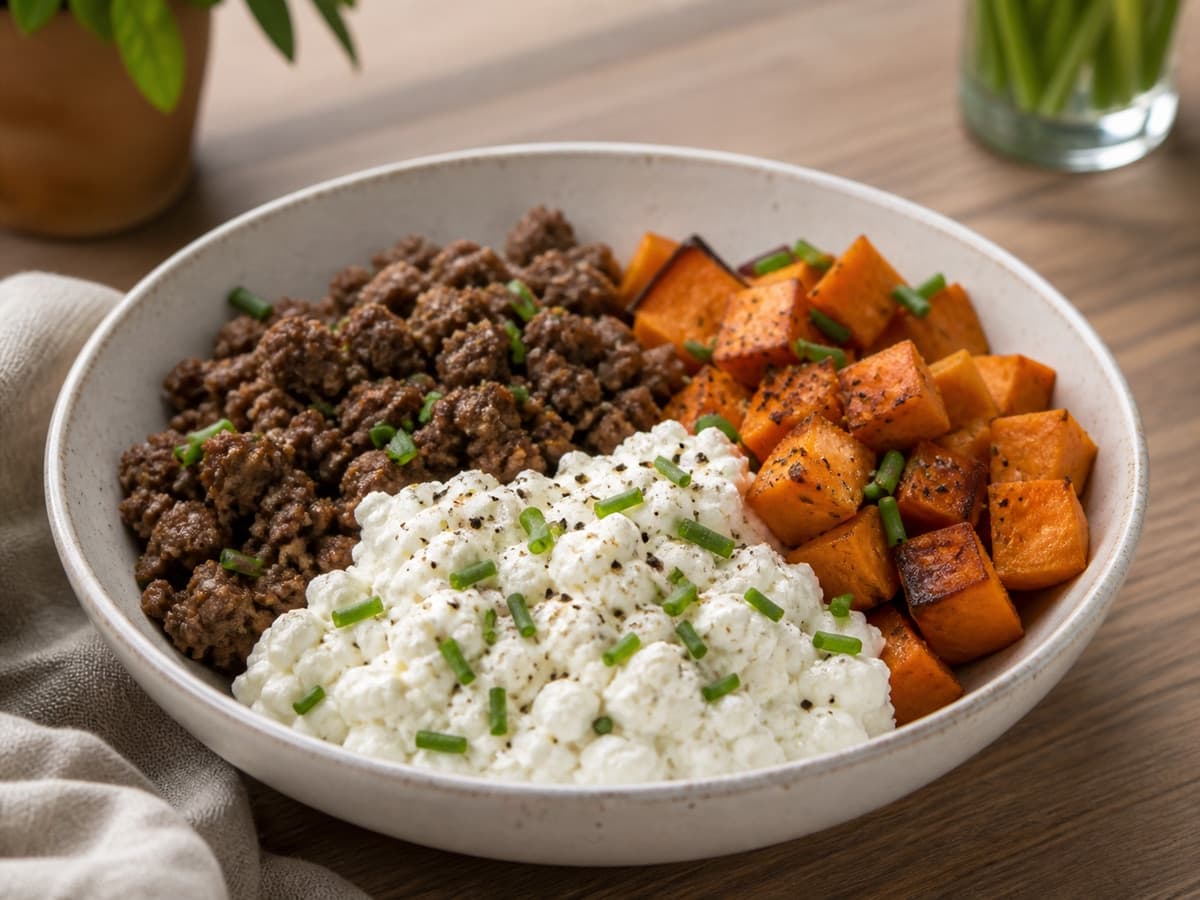 Cottage-Cheese Sweet-Potato Beef Bowl featuring Cottage cheese, sweet potato & beef