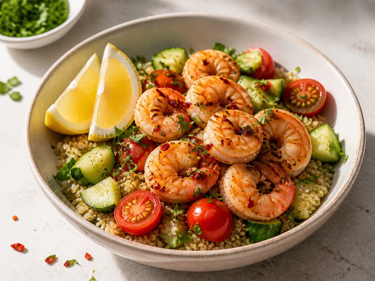 Lemon-Chili Shrimp Quinoa Bowls featuring Lemon-chili shrimp