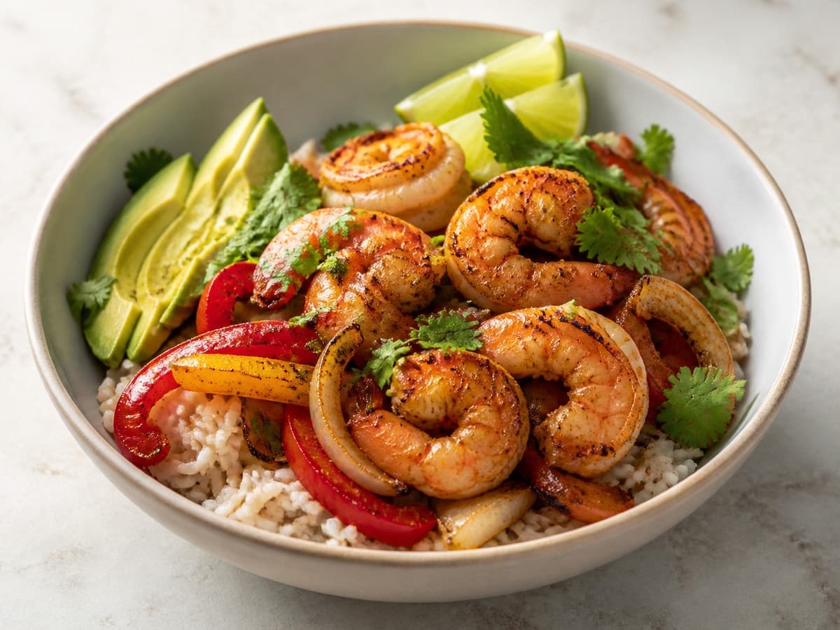 Shrimp Fajita Bowls featuring Shrimp fajita bowl