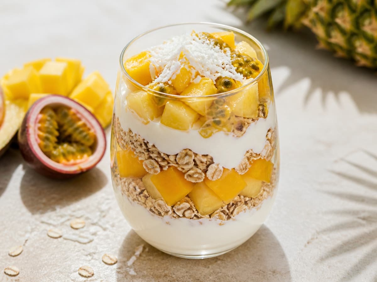 Tropical Yogurt-Oat Parfaits featuring Tropical yogurt parfait