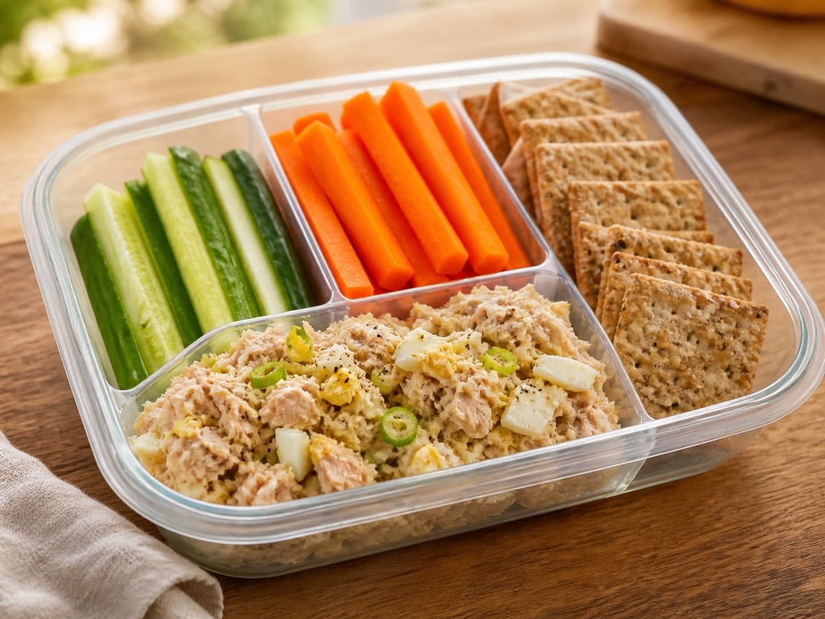 Tuna-Egg Salad Crunch Box featuring Tuna-egg salad